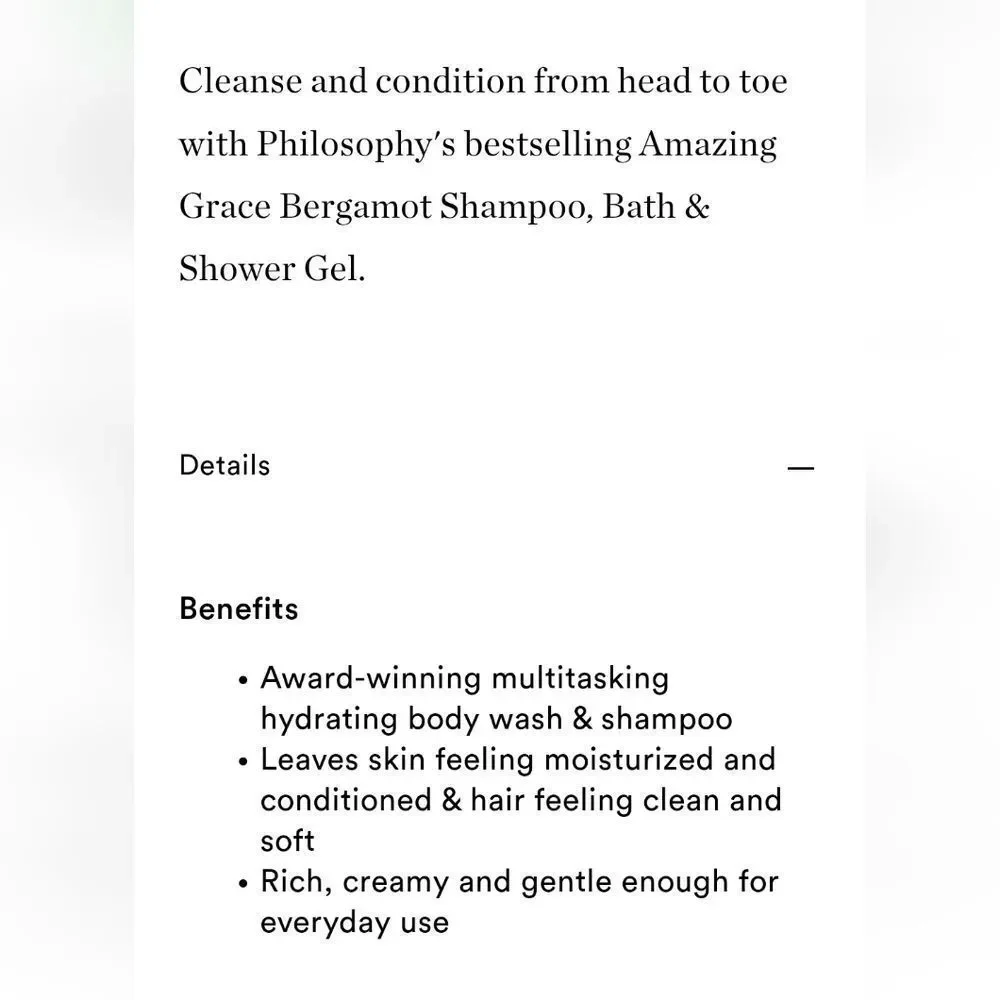 Philosophy‎ Amazing Grace Bergamont Shampoo, Bath,& Shower  Gel